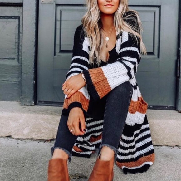 Bellanblue Sweaters - Boho Black White Stripes Knit Open Front Cardigan Casual